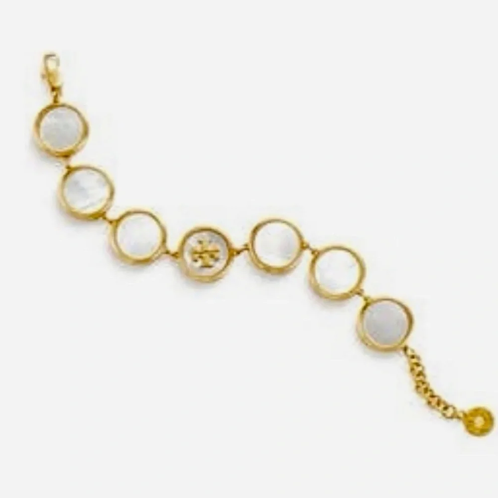 🔥🔥Tory Burch Authentic White Semi Precious Mother Of Pearl Coin Station Bracelet